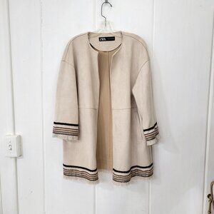 Zara Womens Open Front Beige Jacket Western Trim Size M